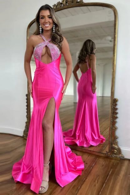Sexy slim fit purple red mermaid long satin ball dress with beads and slit