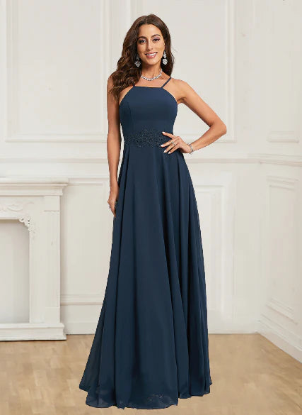 Sexy backless hanging neck evening dress with A-line sticker chiffon dress
