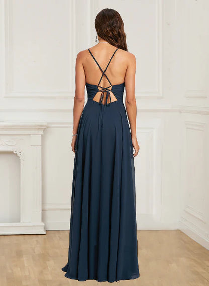 Sexy backless hanging neck evening dress with A-line sticker chiffon dress