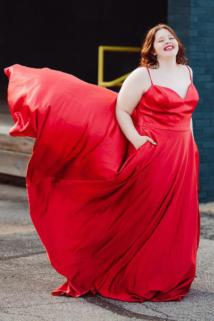 Sexy Plus Size A-line Satin Backstrap with Split Prom Evening Dress