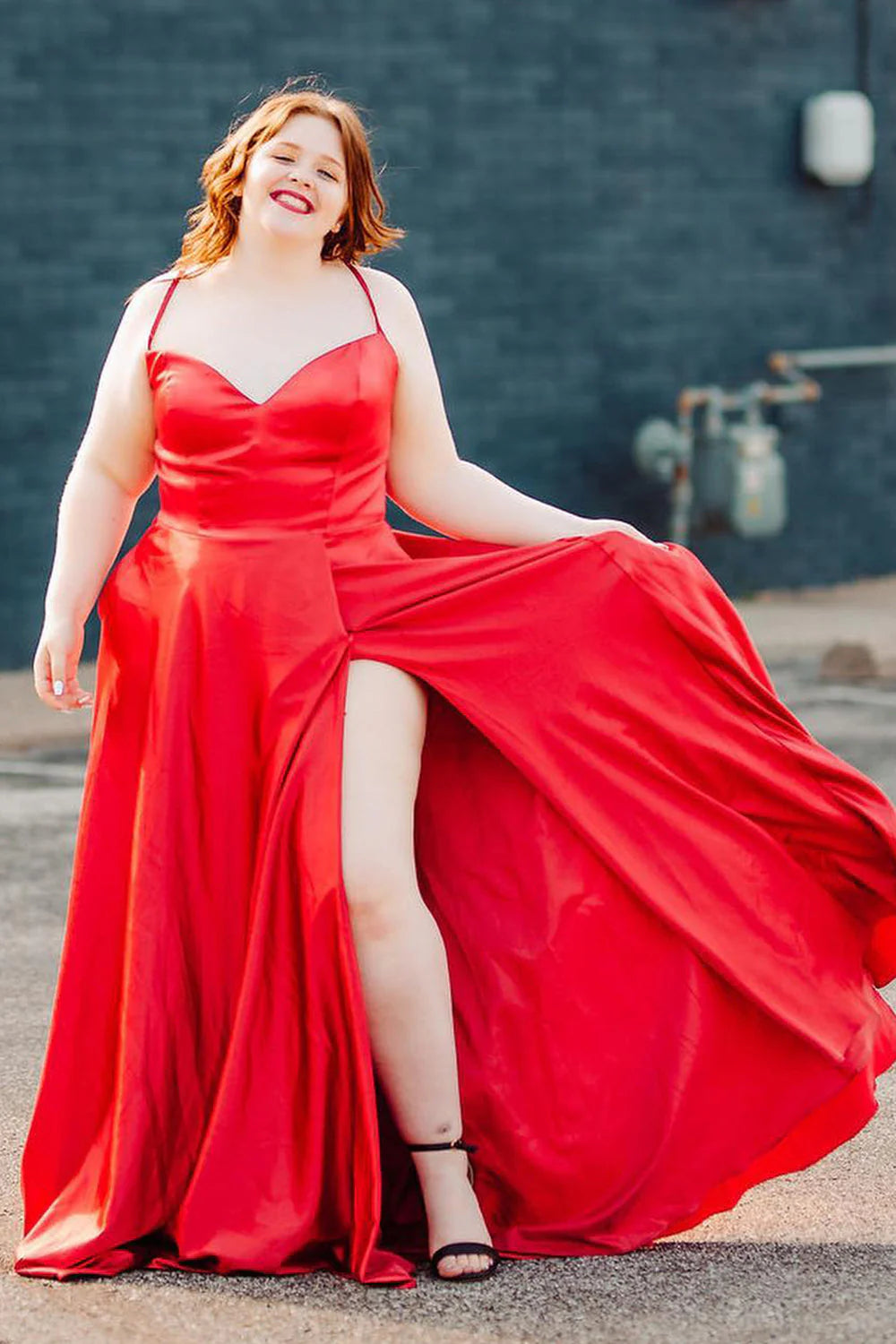 Sexy Plus Size A-line Satin Backstrap with Split Prom Evening Dress