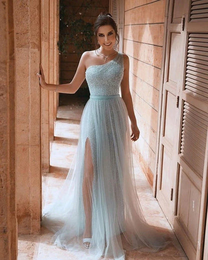Sexy sequins and sheer sleeveless one shoulder dance dress with side slits shining brightly