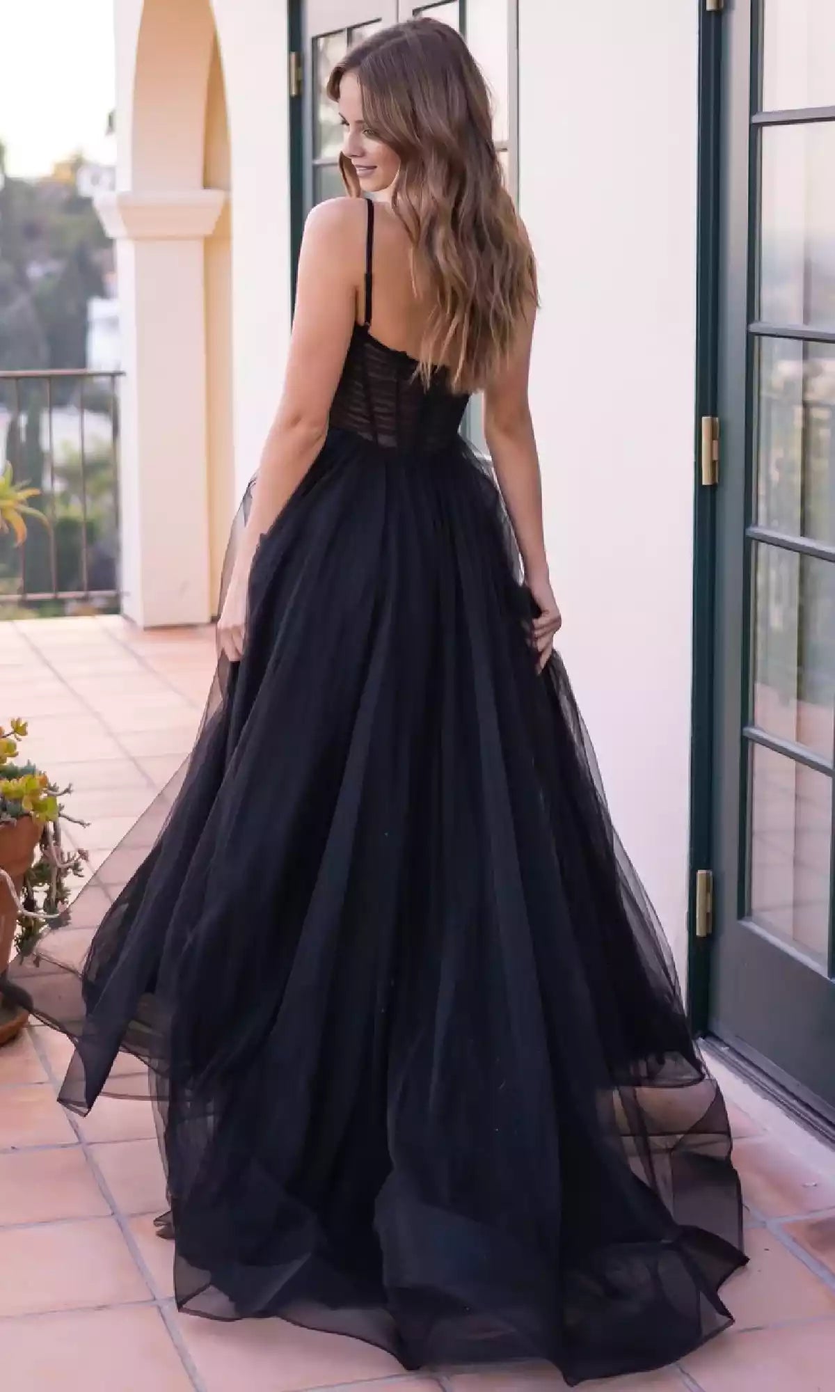 Sexy and charming full lined long dress covered with sheer corset, thin shoulder straps, exposed back, side slits, Prom Dresses