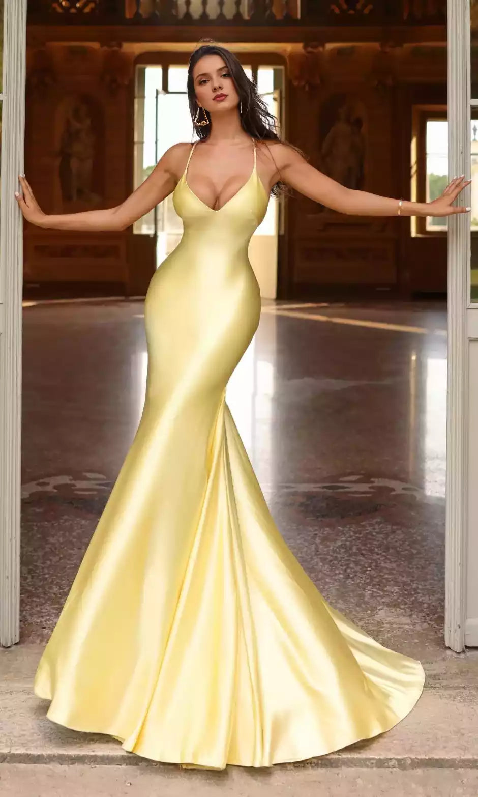 Sexy and charming minimalist long satin V-neck backless suspender with ponytail fur skirt Prom Dresses