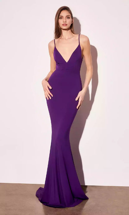 Sexy and charming tight fitting long V-neck slim suspender with knotted back that fits curves Prom Dresses