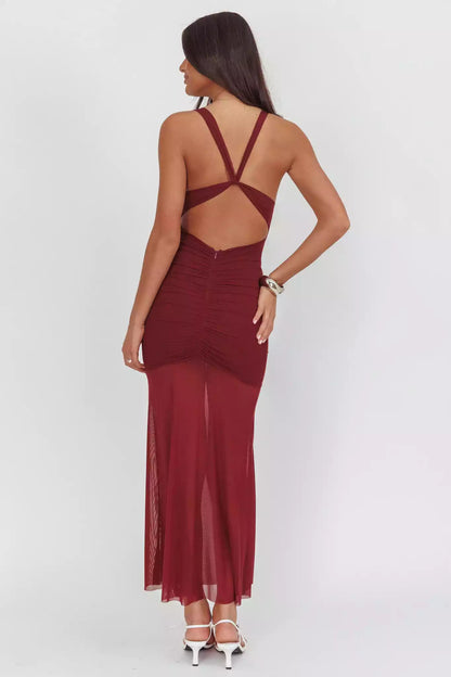 Sexy backless part lined with lace up pleats and zippered back Prom Dresses