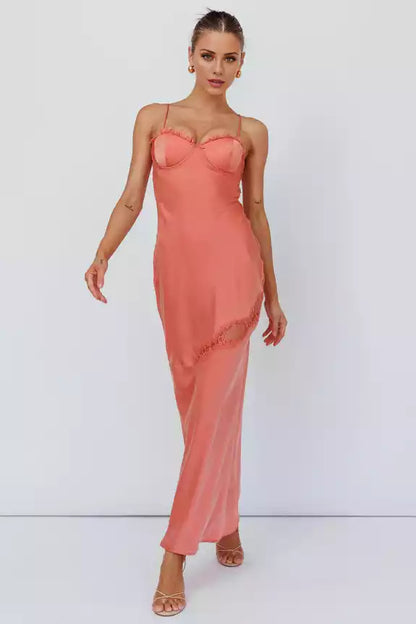 Sexy mid length adjustable shoulder strap with lace trim and zippered side Bridesmaid Dresses