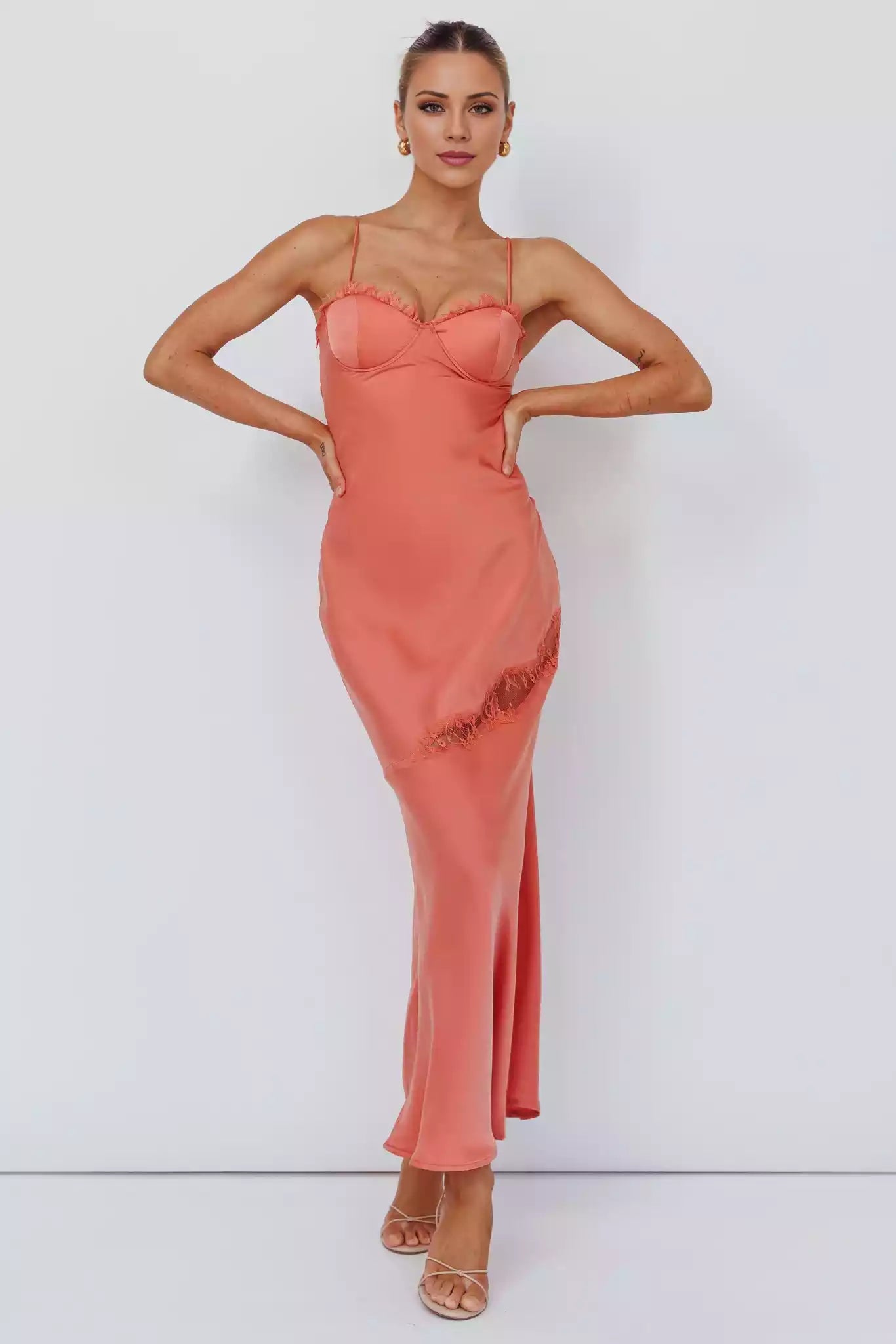 Sexy mid length adjustable shoulder strap with lace trim and zippered side Bridesmaid Dresses