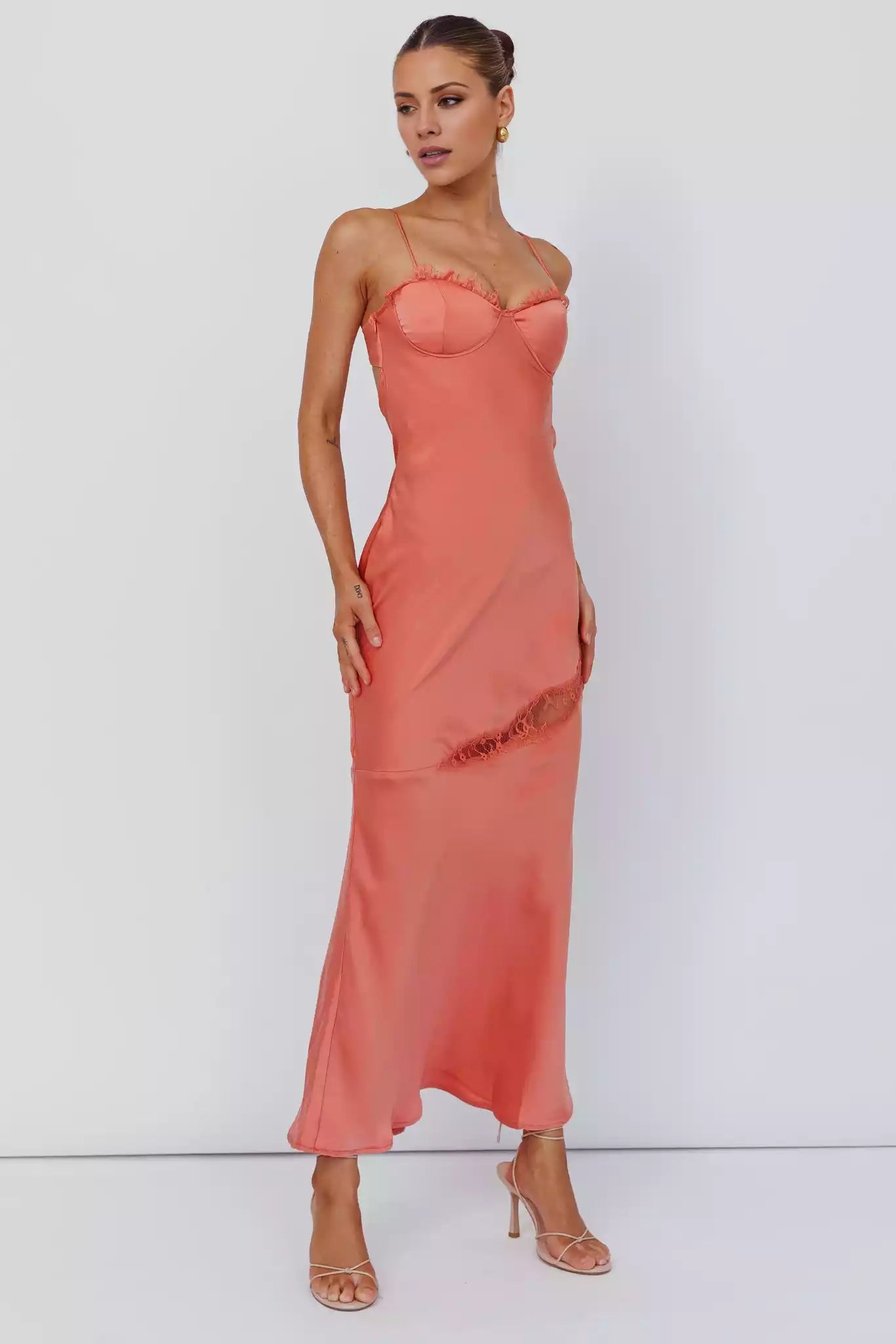 Sexy mid length adjustable shoulder strap with lace trim and zippered side Bridesmaid Dresses