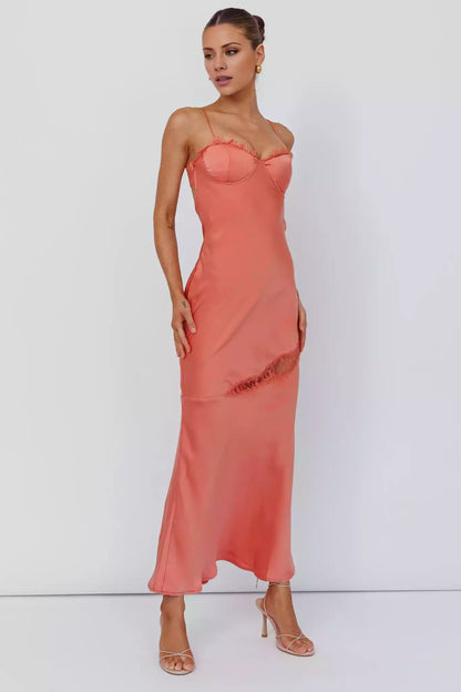 Sexy mid length adjustable shoulder strap with lace trim and zippered side Bridesmaid Dresses