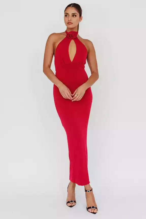 Sexy neck lining with backless rose decoration, low back with zipper Bridesmaid Dresses