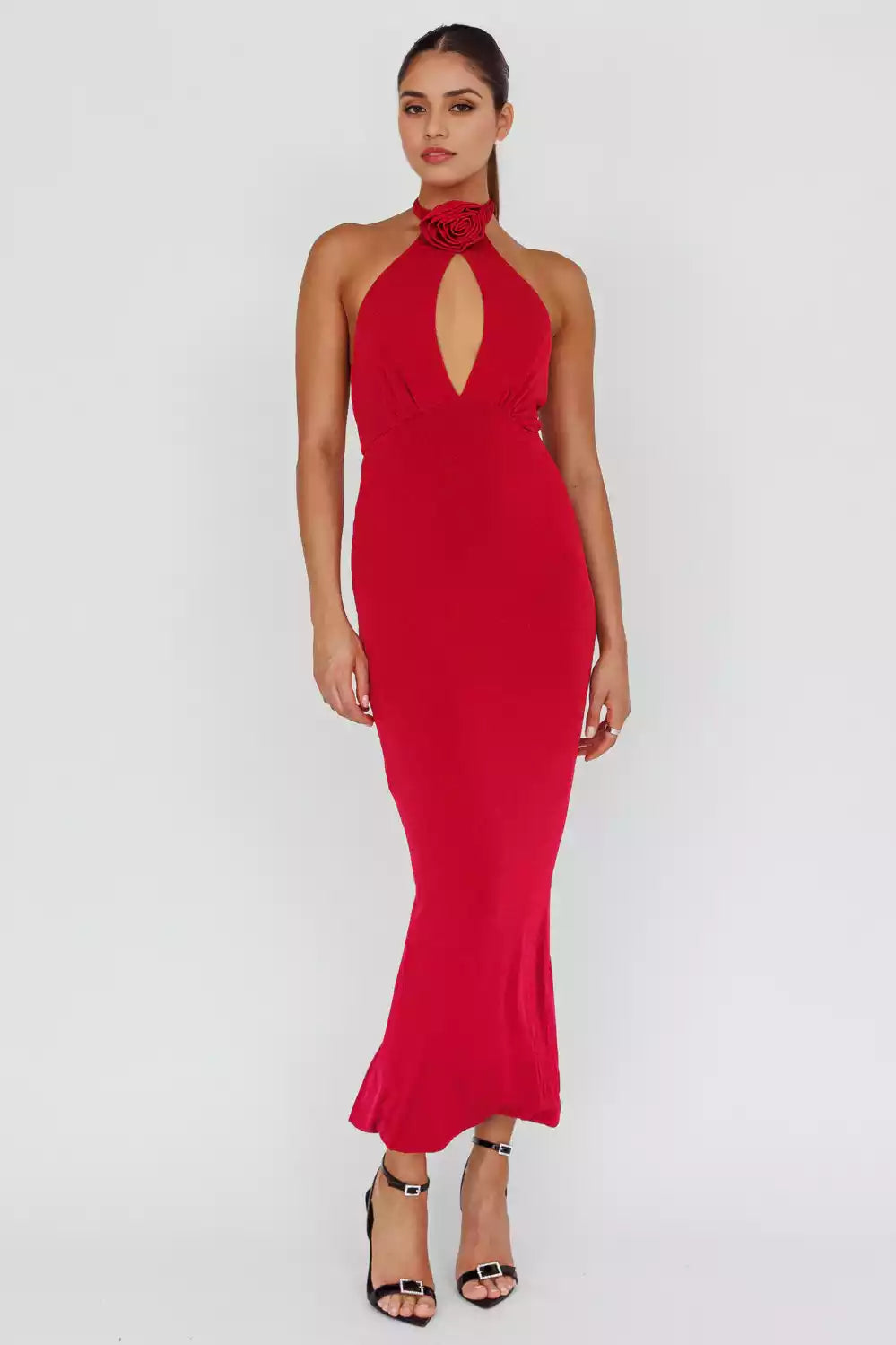 Sexy neck lining with backless rose decoration, low back with zipper Bridesmaid Dresses