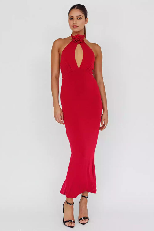 Sexy neck lining with backless rose decoration, low back with zipper Bridesmaid Dresses