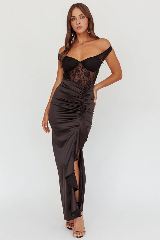 Sexy ruffled tight fitting mid length lace corset bridesmaid dress