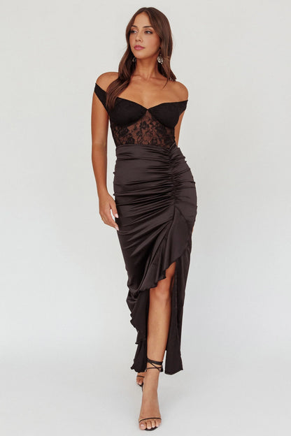 Sexy ruffled tight fitting mid length lace corset bridesmaid dress
