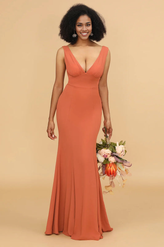 Sexy sleeveless slim fit mermaid V-neck pleated bridesmaid dress