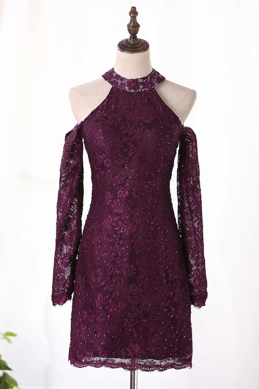 Elegant beautiful slim fit high neckline lace up dress with exposed back and long sleeves