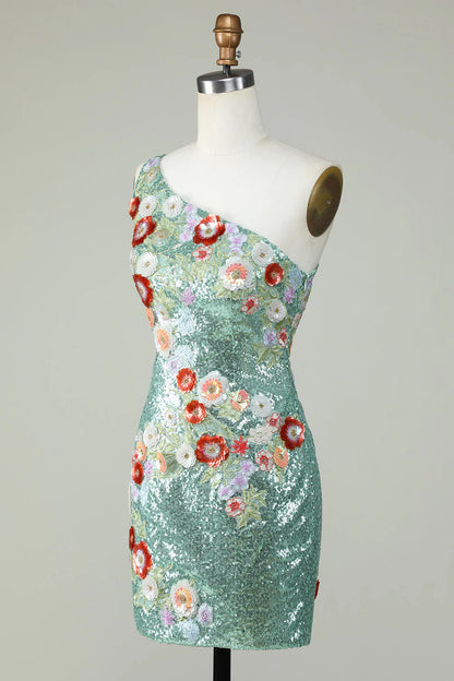3D flower single shoulder sequin short mini back to school party dress
