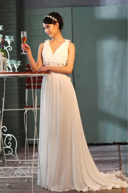 Transparent back A-line V-neck floor to ceiling chiffon sticker sleeveless wedding dress