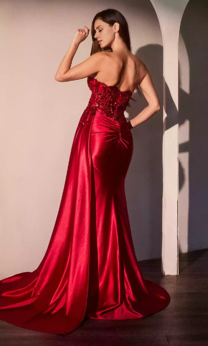Shining strapless neckline with no shoulder straps, long sheer sequined lace corset and hip length skirt, high slit for added sexy charm Prom Dresses