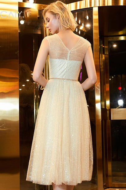 Shiny V-neck knee length dance dress with charming sequins