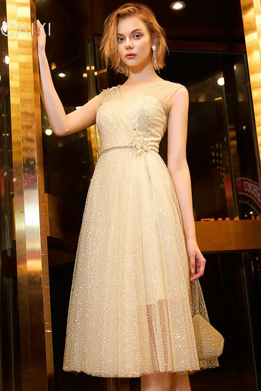 Shiny V-neck knee length dance dress with charming sequins