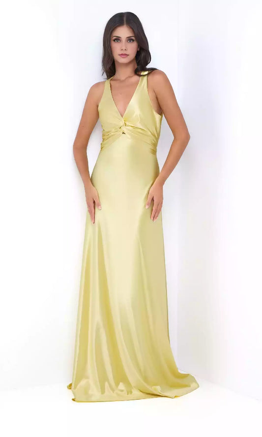 Shiny and luxurious satin V-neck with twisted details, high waistline, backless shoulder straps interwoven, Prom Dresses