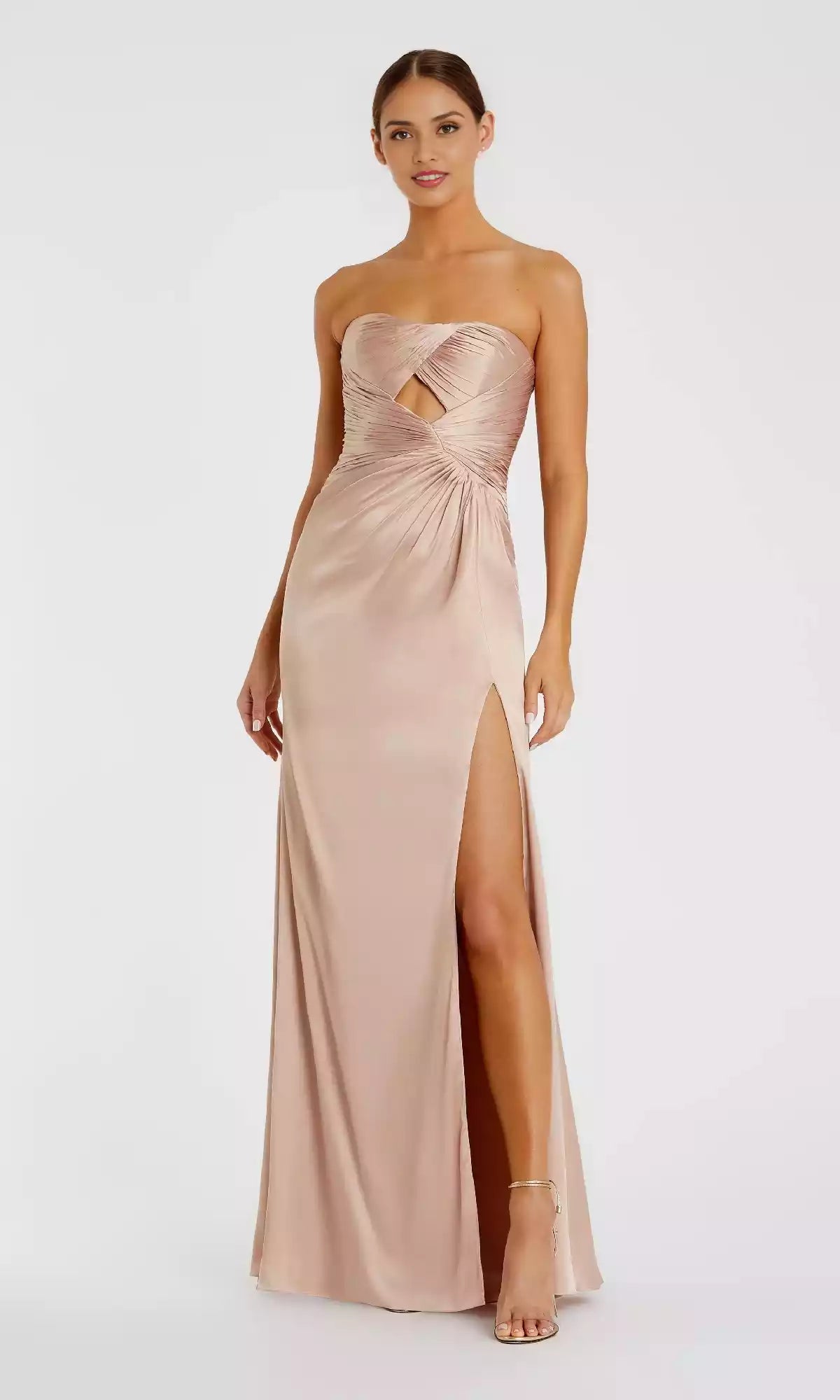 Shiny satin strapless long pleated corset with diamond shaped hollowed out sides and high slits, showcasing charming style Prom Dresses