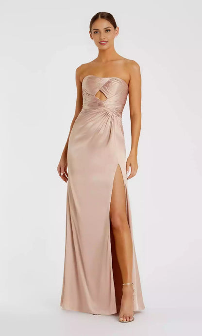 Shiny satin strapless long pleated corset with diamond shaped hollowed out sides and high slits, showcasing charming style Prom Dresses