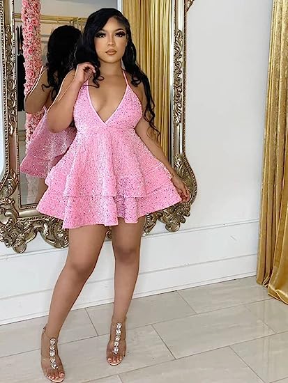 Sequin V-neck shiny short mini return party dress