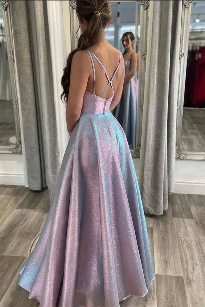 Simple A-line V-neck satin long ball dress sexy evening dress