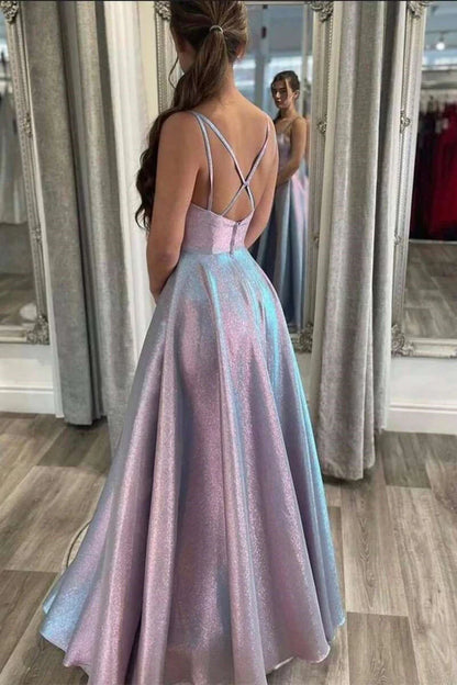 Simple A-line V-neck satin long ball dress sexy evening dress