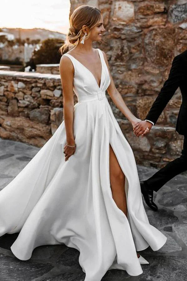 Minimalist deep V-neck satin slit backless white wedding dress elegant bride dress