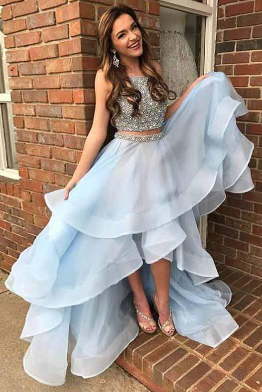 Simple light blue two-piece sleeveless tulle dress with high and low beads