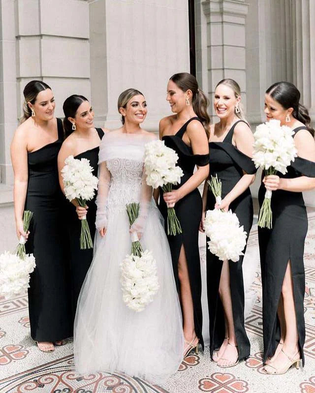 Elegant and Simple Off Shoulder Mermaid Black Bridesmaid Dress