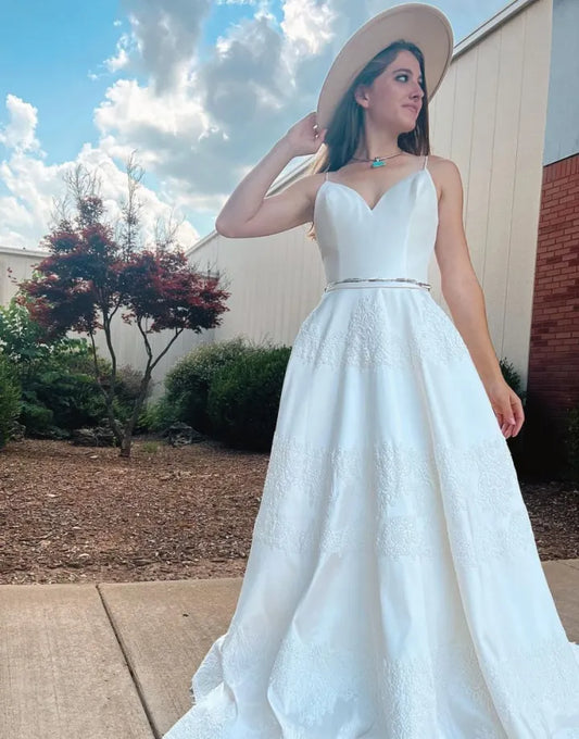 Simple and Elegant A-line Italian Noodle Strap Satin Wedding Dress with Belt