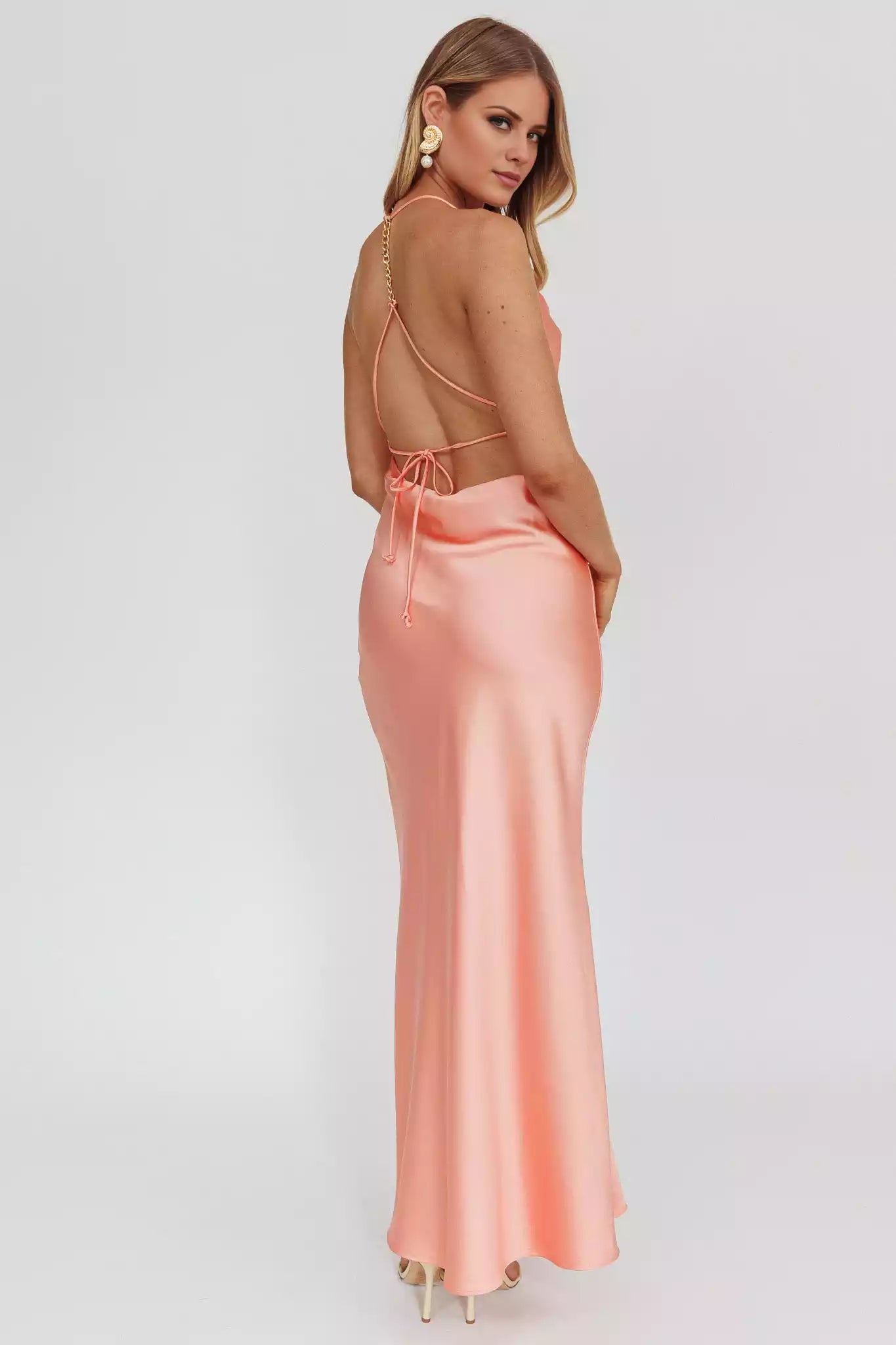 Simple and chic unlined scarf collar with low back strap details Bridesmaid Dresses