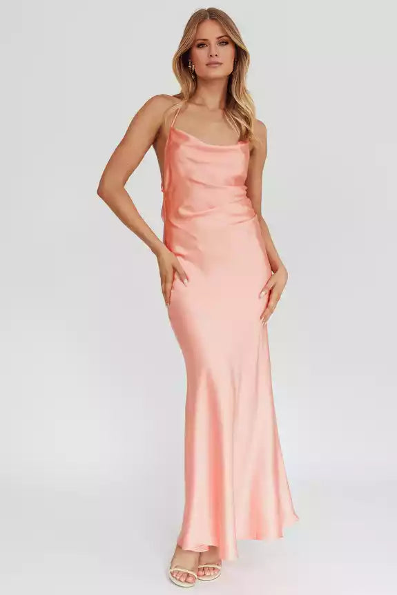 Simple and chic unlined scarf collar with low back strap details Bridesmaid Dresses