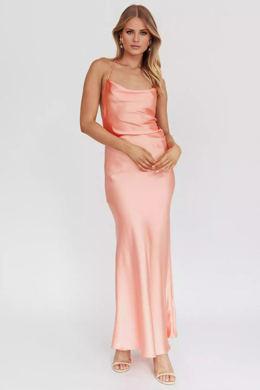 Simple and chic unlined scarf collar with low back strap details Bridesmaid Dresses