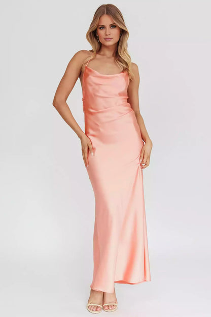 Simple and chic unlined scarf collar with low back strap details Bridesmaid Dresses