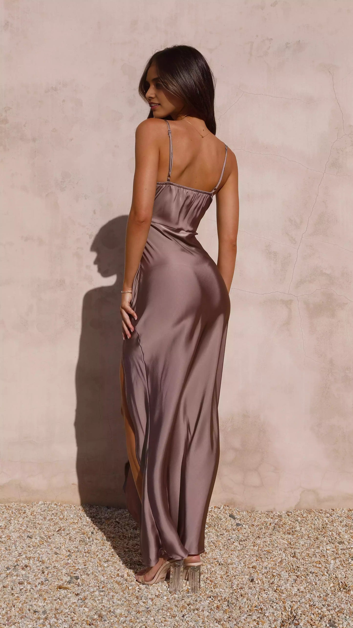 Simple and elegant straight neck adjustable shoulder strap with slit and pleated details for a perfect look Prom Dresses
