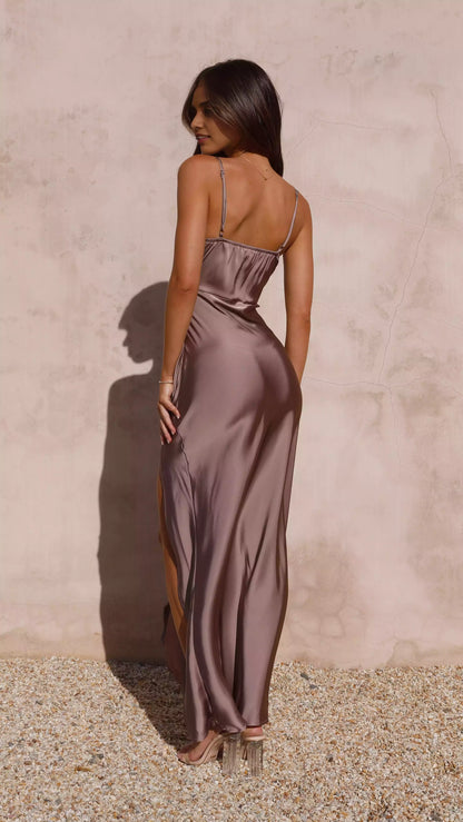 Simple and elegant straight neck adjustable shoulder strap with slit and pleated details for a perfect look Prom Dresses