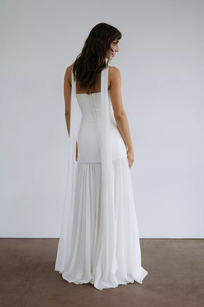 Simple and neat chiffon puffy skirt with straight tube, off shoulder neckline, tight corset, back middle zipper, Evening Dresses