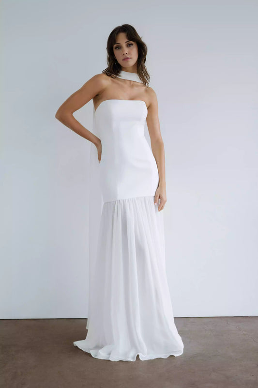 Simple and neat chiffon puffy skirt with straight tube, off shoulder neckline, tight corset, back middle zipper, Evening Dresses