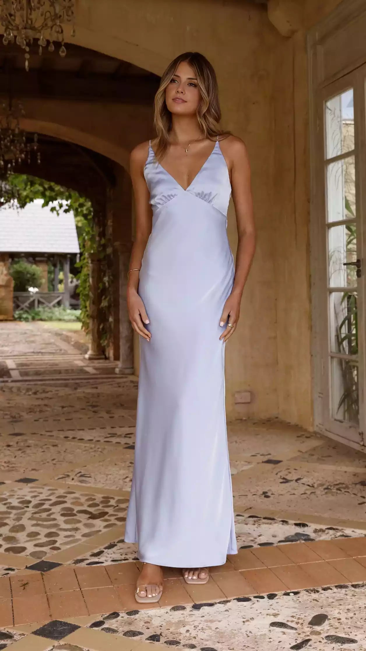 Simple deep V-neck elastic shoulder strap with hidden side zipper, shining Prom Dresses