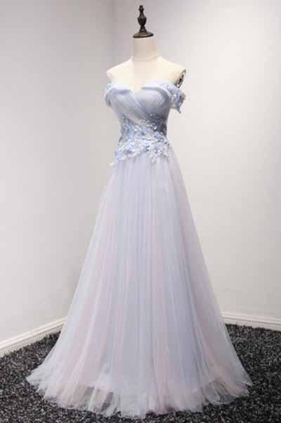 Sky Blue A-line Off Shoulder Floor Tulle Ball Dress with Lace