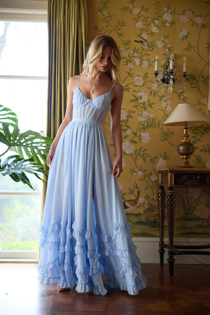 Sky Blue Chiffon Maxi Prom Dresses with Spaghetti Strap Corset Bodice Lace-Up Back High Slit for Prom and Garden Wedding