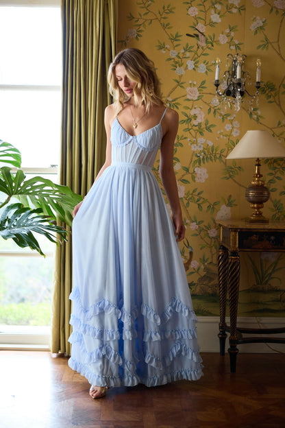 Sky Blue Chiffon Maxi Prom Dresses with Spaghetti Strap Corset Bodice Lace-Up Back High Slit for Prom and Garden Wedding