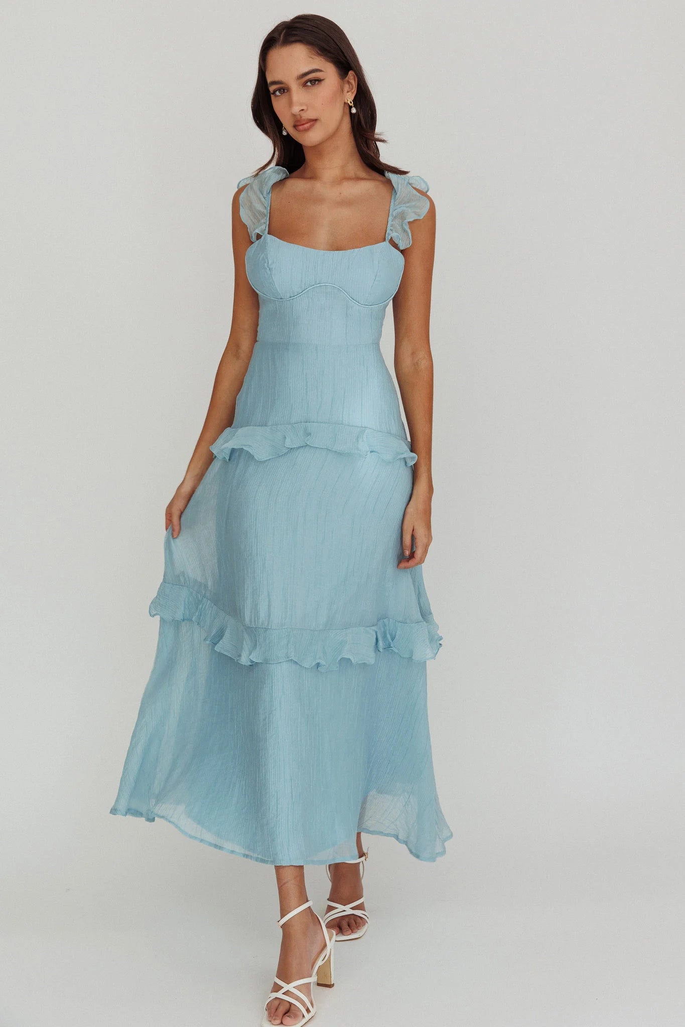 Sky Blue Ruffle Strap Lace-Up Back Tiered Midi Evening Dress