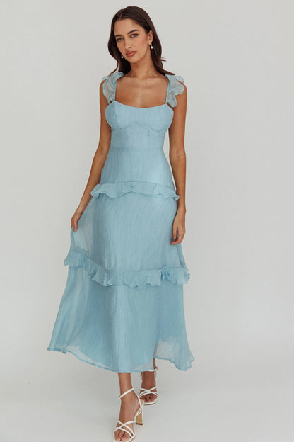 Sky Blue Ruffle Strap Lace-Up Back Tiered Midi Evening Dress